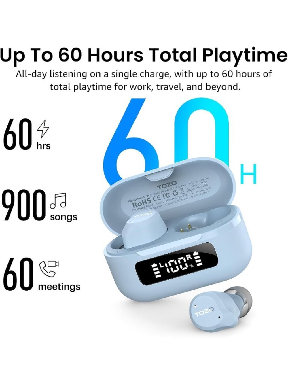 Wireless Dusty Blue Hybrid Active Noise Cancelling Bluetooth Earbud 60H Playtime - Picture 4 of 6